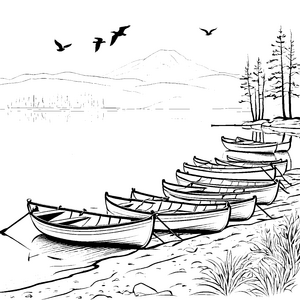 Ruderboote in idyllischer Naturlandschaft Ausmalvorlage für kleine Wasserfreunde