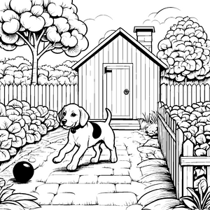 Beagle beim Spielen mit dem Ball Ausmalvorlage für tierliebe Entdecker