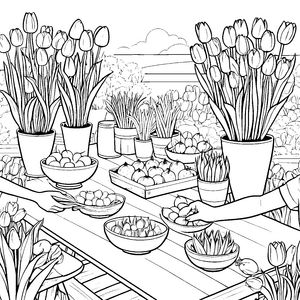 Bunte Frühlingszwiebeln im Gartenparadies Ausmalmotiv für kleine Naturfreunde