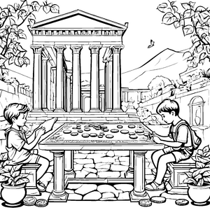 Antiker Spieltisch unter griechischen Säulen Ausmalbild für kleine Geschichtsentdecker