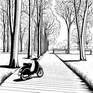 Kreatives Moped unter schattenspendenden Bäumen Ausmalbild für junge Abenteurer