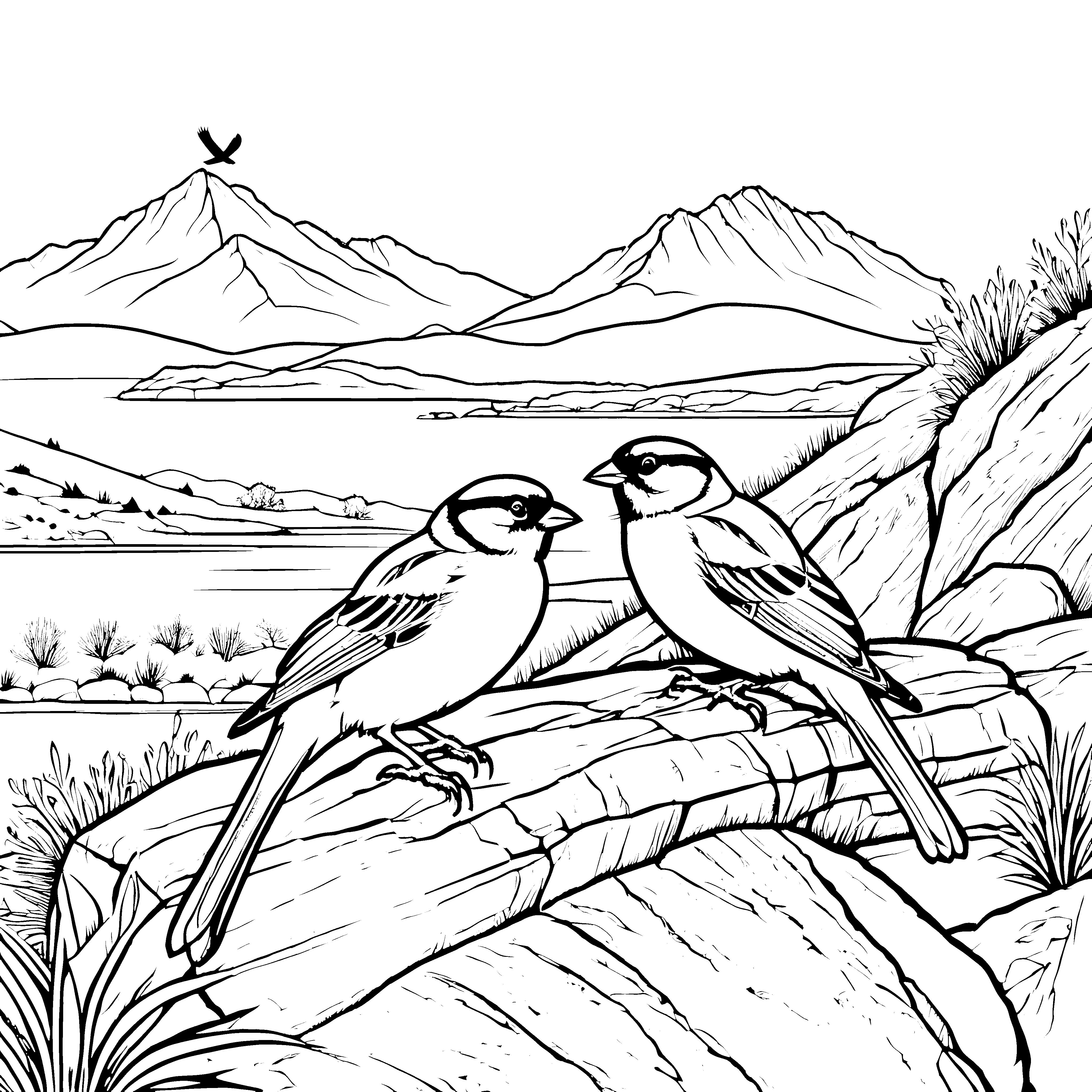 Zwei glückliche Vögel am Wasserfall Ausmalmotiv für abenteuerliche Naturfreunde