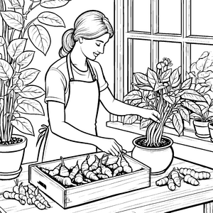 Zauberhafte Kurkuma-Pflanzung mit frischen Wurzeln Ausmalmotiv für kleine Gartenfreunde