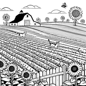 Fröhliche Bauernhofkatzen unter strahlender Sonne Ausmalbild für naturverbundene Entdecker