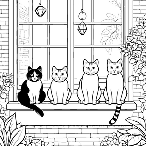 Katzenfreunde auf der Fensterbank Ausmalbild für neugierige Tierliebhaber
