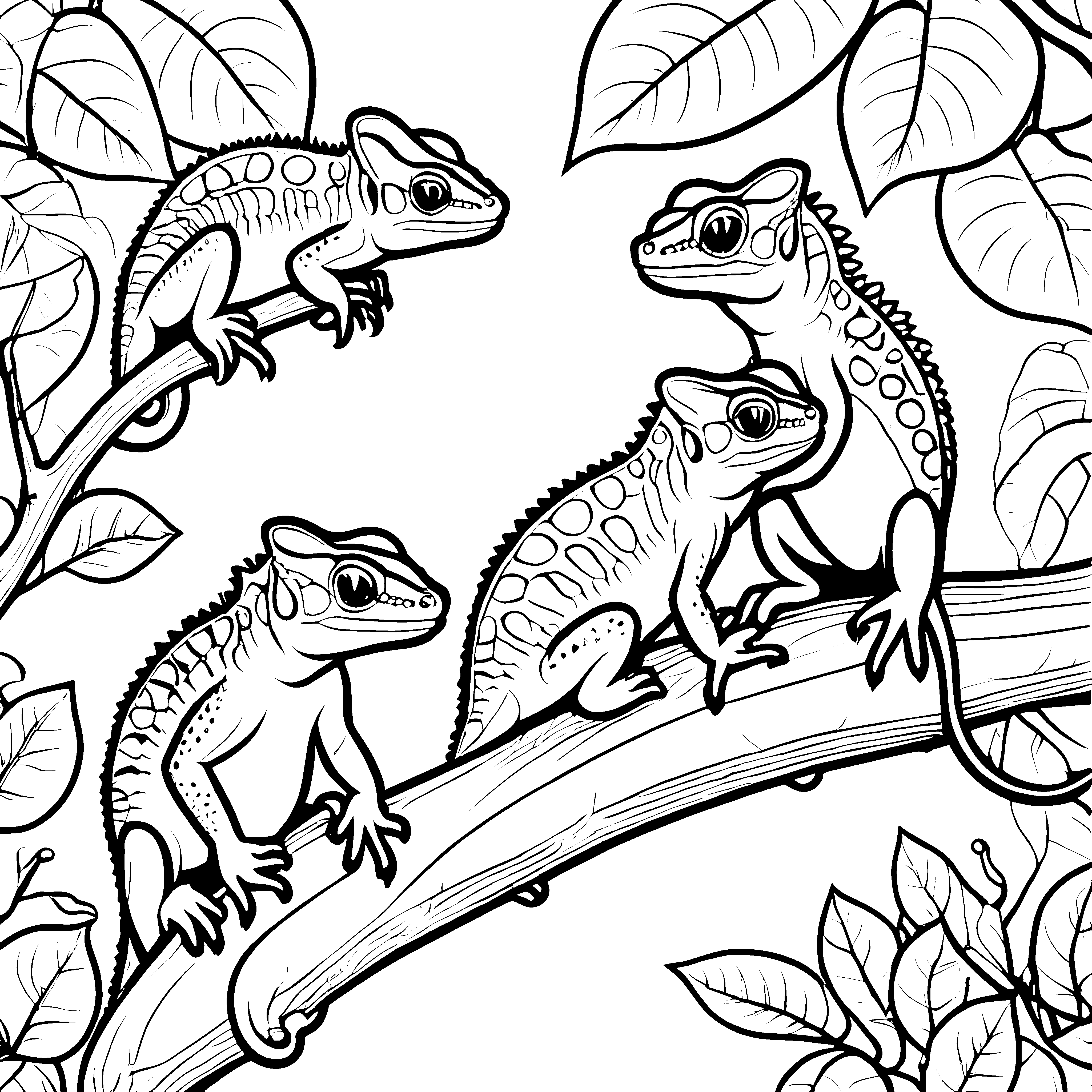 Diebische Chamäleons auf einem Ast Ausmalvorlage für kreative Naturfreunde