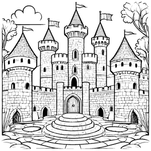 Majestätische Burg mit hohen Türmen Malvorlage für tapfere Ritterfreunde