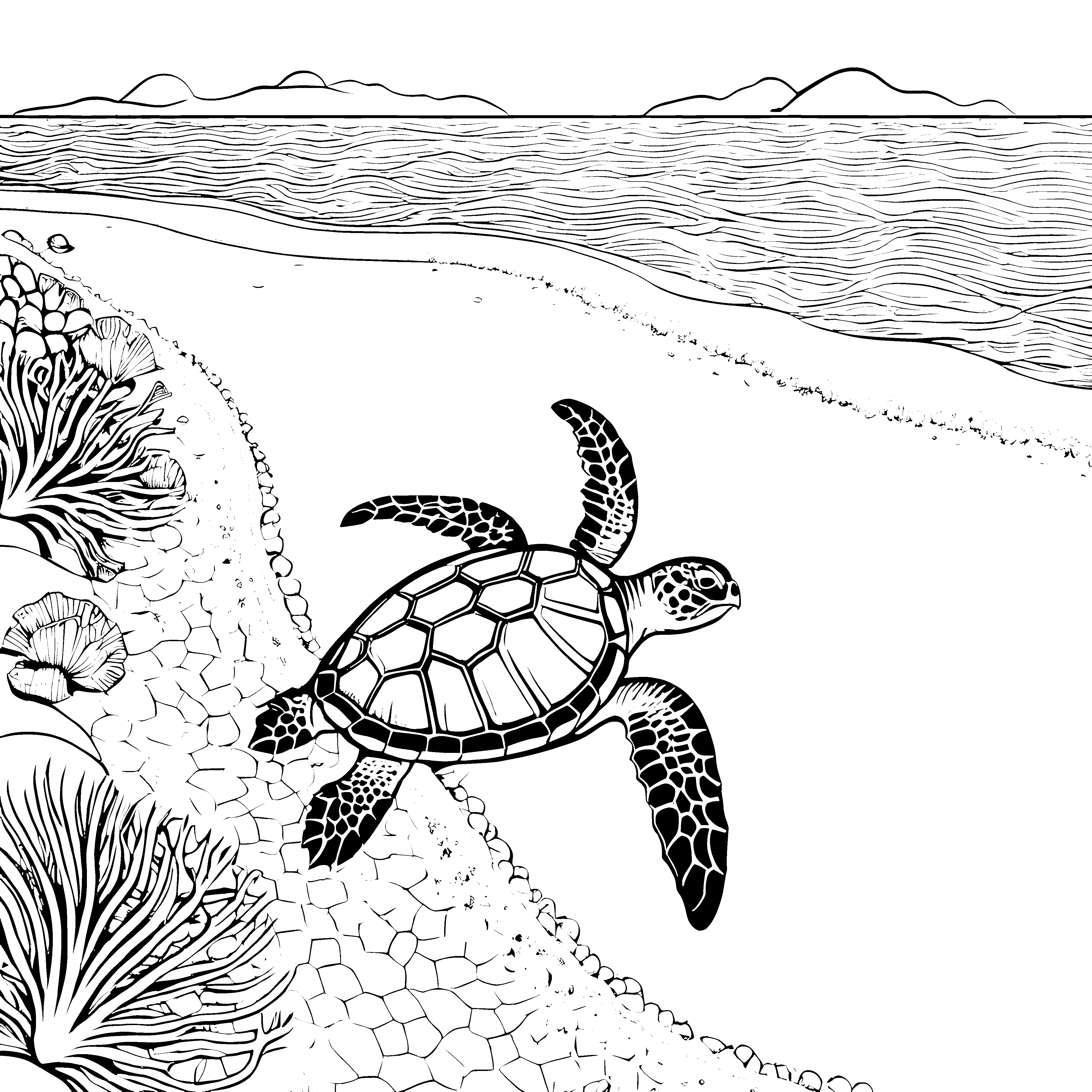 Schwimmende Schildkröte auf dem bunten Sandstrand Ausmalvorlage für kreative Wasserratten