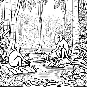 Entspanntes Bonobo-Familienleben am Wasser Ausmalvorlage für neugierige Tierfreunde