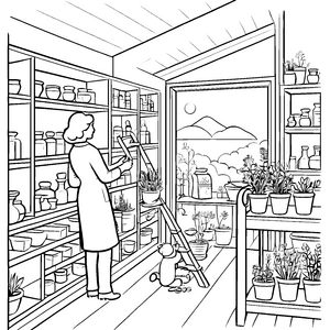 Kreativer Apotheker mit bunten Heilkräutern Ausmalvorlage für neugierige Nachwuchs-Entdecker