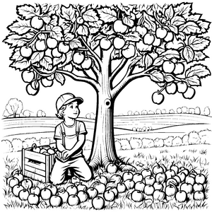 Erfrischende Äpfel am Baum mit fröhlichem Jungen Ausmalbild für kleine Gartenfreunde
