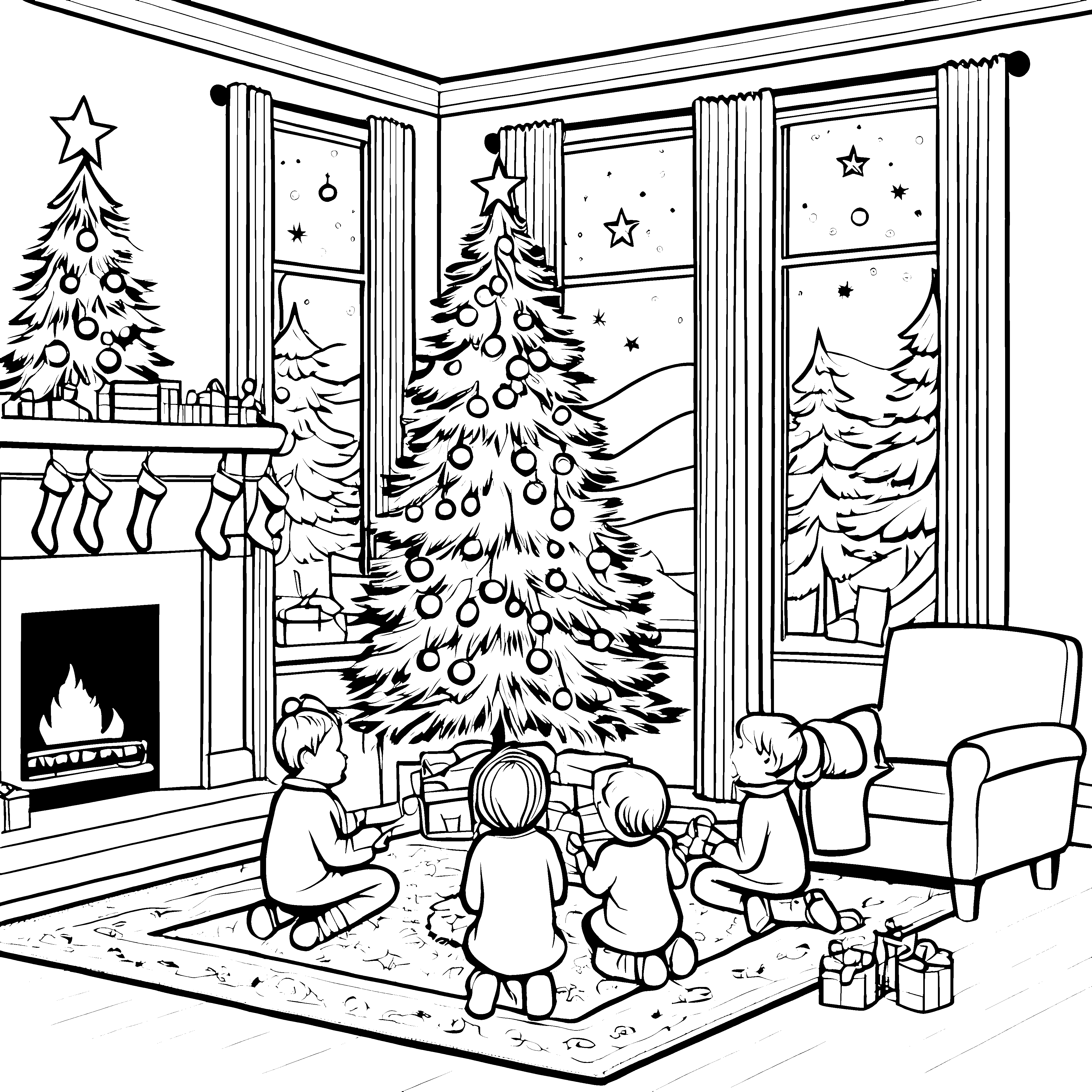Fröhliche Kinder beim Auspacken von Weihnachtsgeschenken Ausmalmotiv für kreative Weihnachtsfreunde