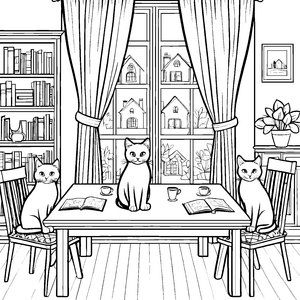Gemütliche Hauskatzen beim Lesen am Tisch Malvorlage für entspannte Katzenliebhaber