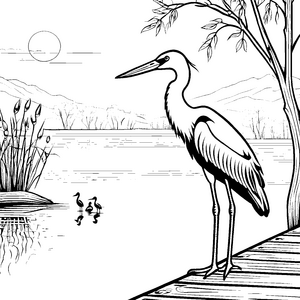 Elegant stehender Reiher am Wasser Malvorlage für kreative Naturentdecker