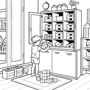 Bunter Mehrzweckschrank voller Schätze Ausmalbild für kleine Ordnungsliebehaber