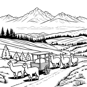Fünf fröhliche Alpakas mit Heuwagen Ausmalbild für abenteuerliche Naturforscher