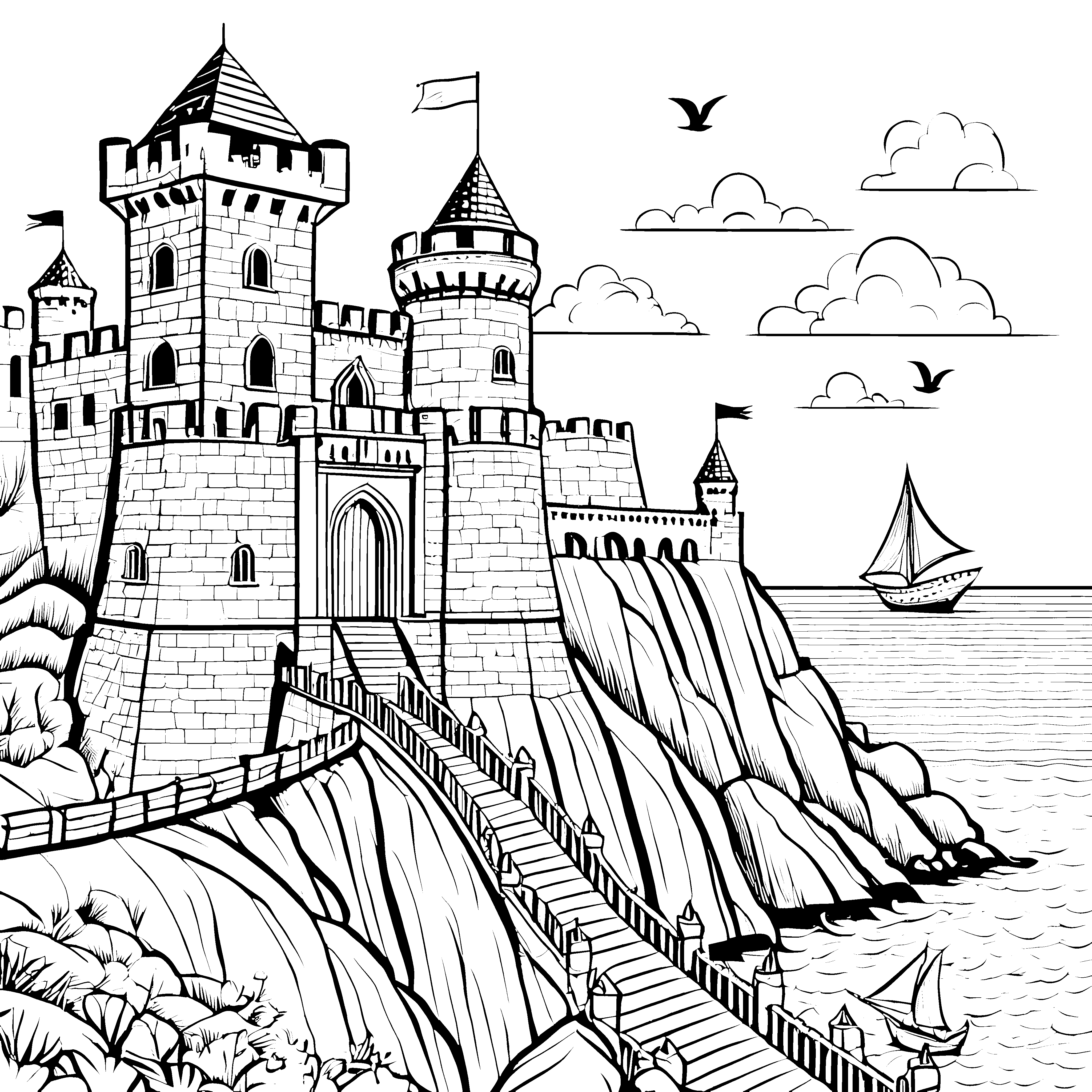 Majestätische Burg auf klippenreicher Küste Ausmalbild für tapfere Ritterfreunde