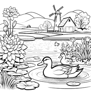 Entenpaar im malerischen Teich Ausmalvorlage für neugierige Wasserentdecker