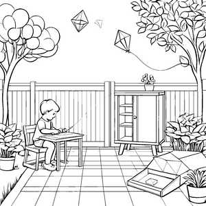 Bunter Mehrzweckschrank im Garten Ausmalmotiv für kleine Entdecker