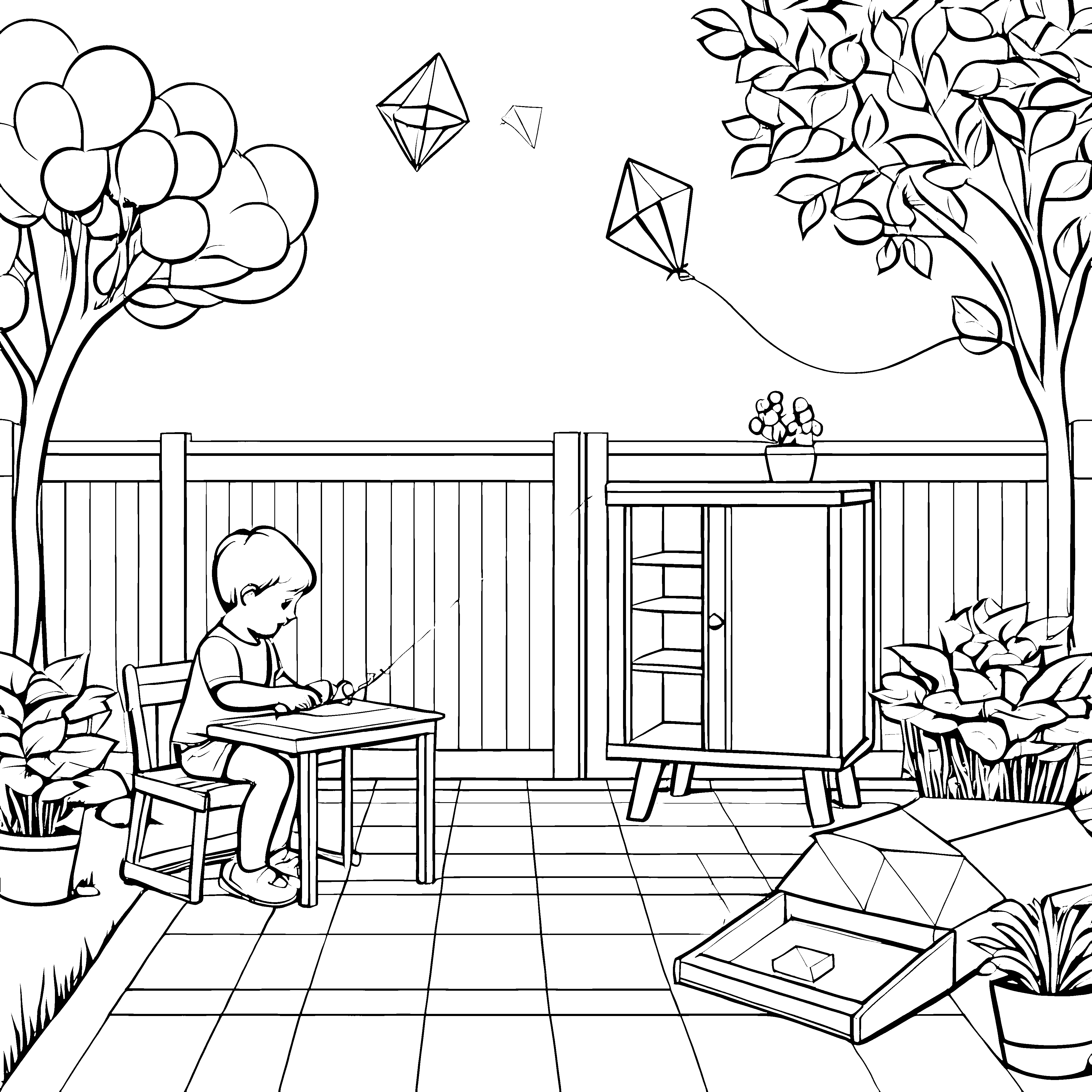 Bunter Mehrzweckschrank im Garten Ausmalmotiv für kleine Entdecker