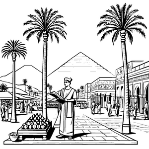 Historischer Ägypter beim Schreiben unter Palmen Ausmalbild für kleine Geschichtenerzähler