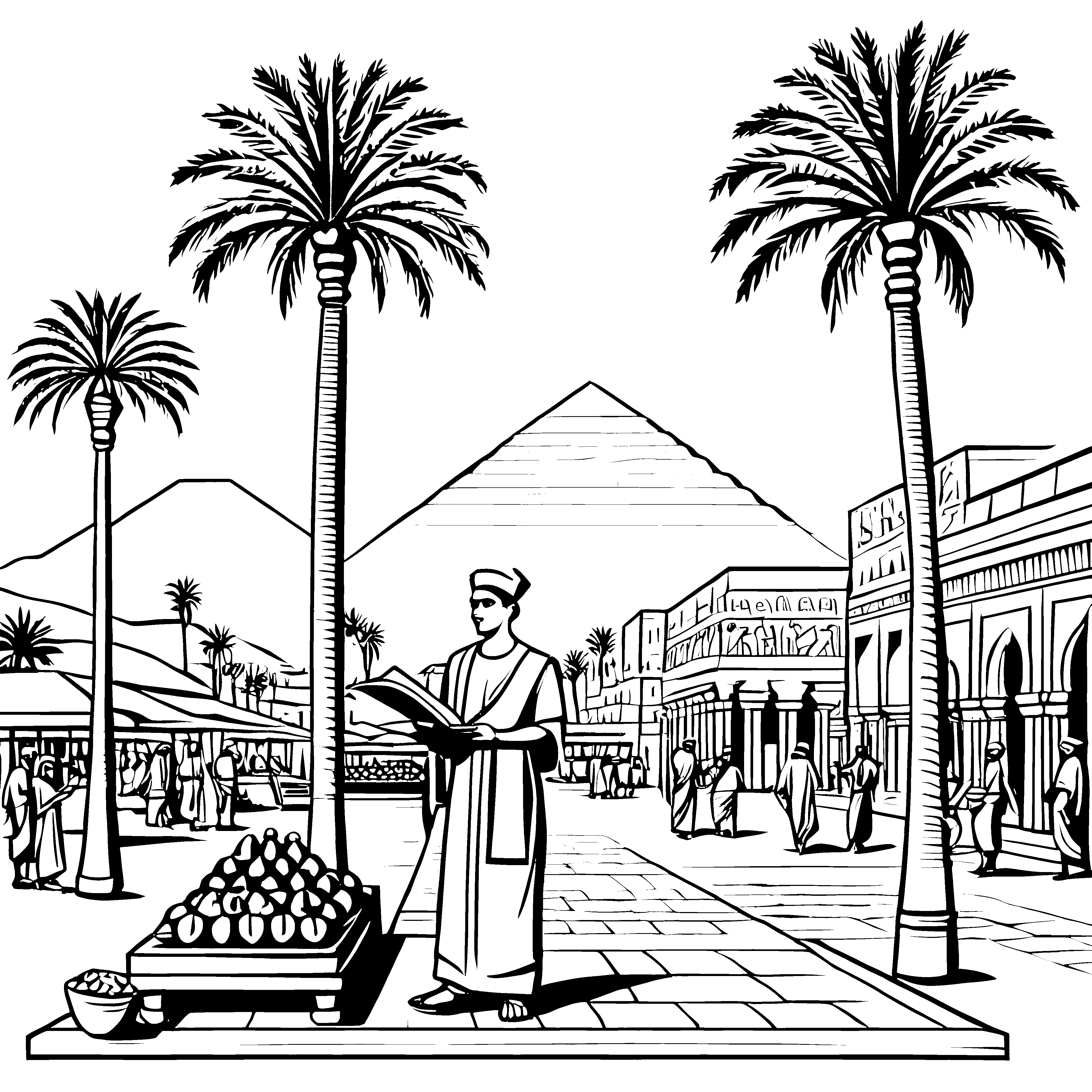 Historischer Ägypter beim Schreiben unter Palmen Ausmalbild für kleine Geschichtenerzähler