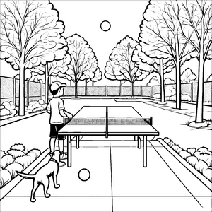 Spaßiger Tischtennisschläger in lebhaftem Garten Ausmalbild für ehrgeizige Sportler