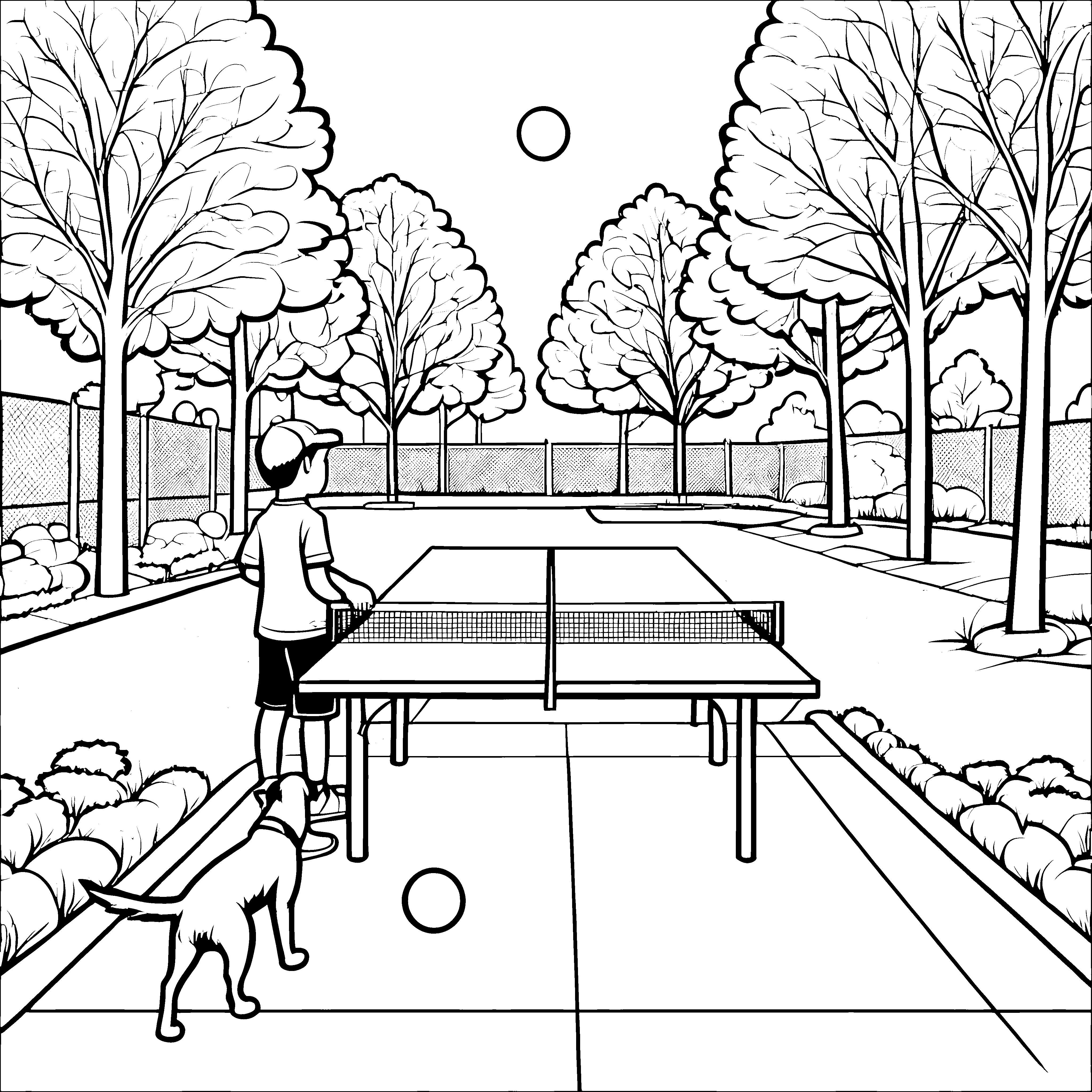 Spaßiger Tischtennisschläger in lebhaftem Garten Ausmalbild für ehrgeizige Sportler