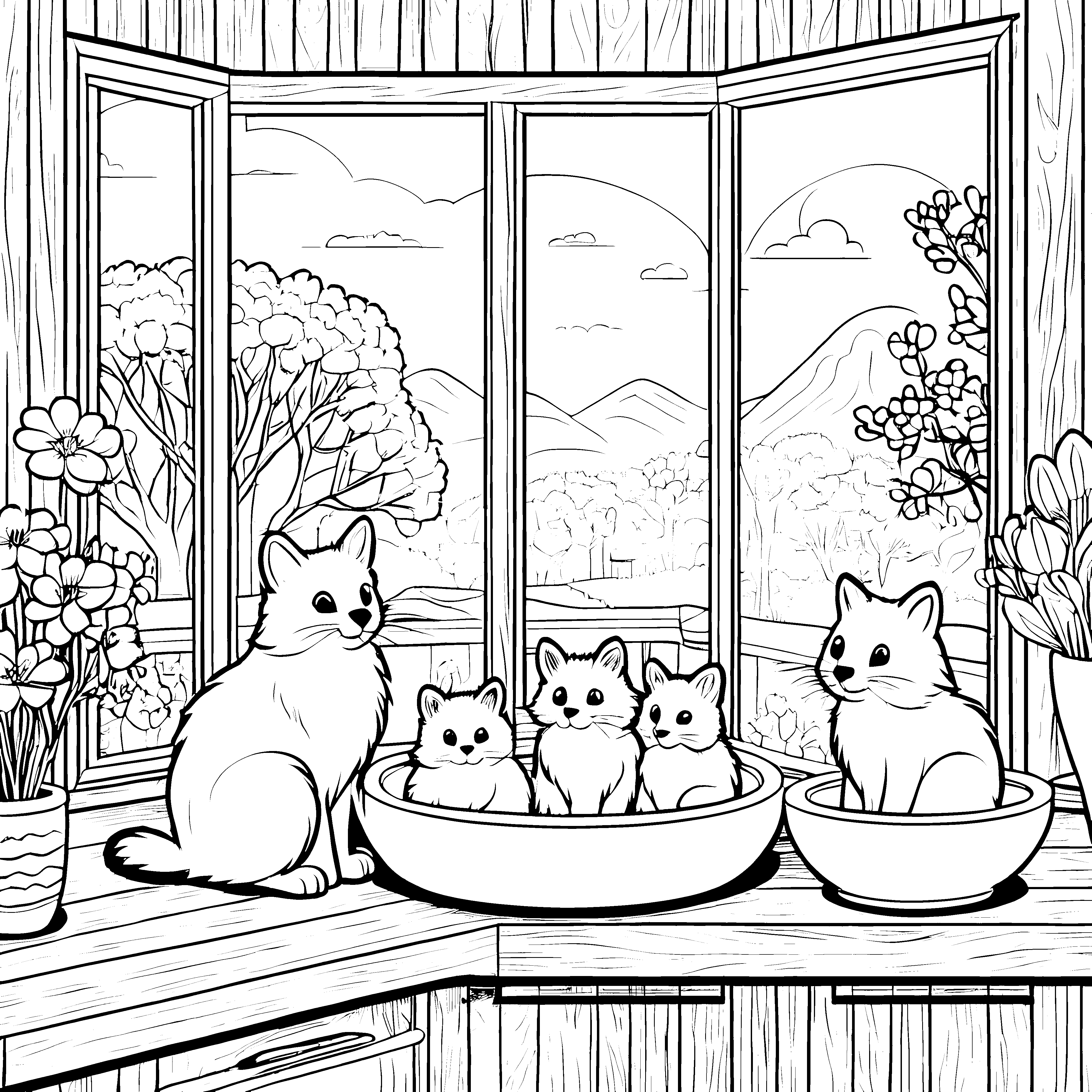 Schmusekatzen beim gemütlichen Fensterblick Ausmalvorlage für liebevolle Tierfreunde