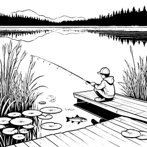 Kreativer Junge beim Angeln am ruhigen See Ausmalmotiv für kleine Naturfreunde