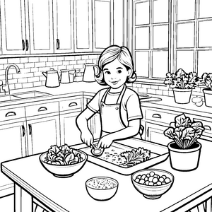 Kreative Küche mit frischen Römersalat-Bestellungen Ausmalbild für aufmerksame kleine Küchenchefs