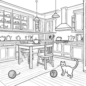 Kuschelige Hauskatze spielt mit buntem Garn Ausmalvorlage für kreative Katzenfreunde