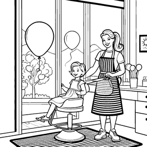 Fröhlicher Friseursalon mit bunten Luftballons Ausmalmotiv für kleine Stylisten