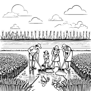 Familie bei der spannenden Feldarbeit Ausmalbild für kleine Naturentdecker