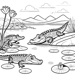 Spaßige Krokodile am ruhigen Teich Ausmalvorlage für kleine Naturentdecker