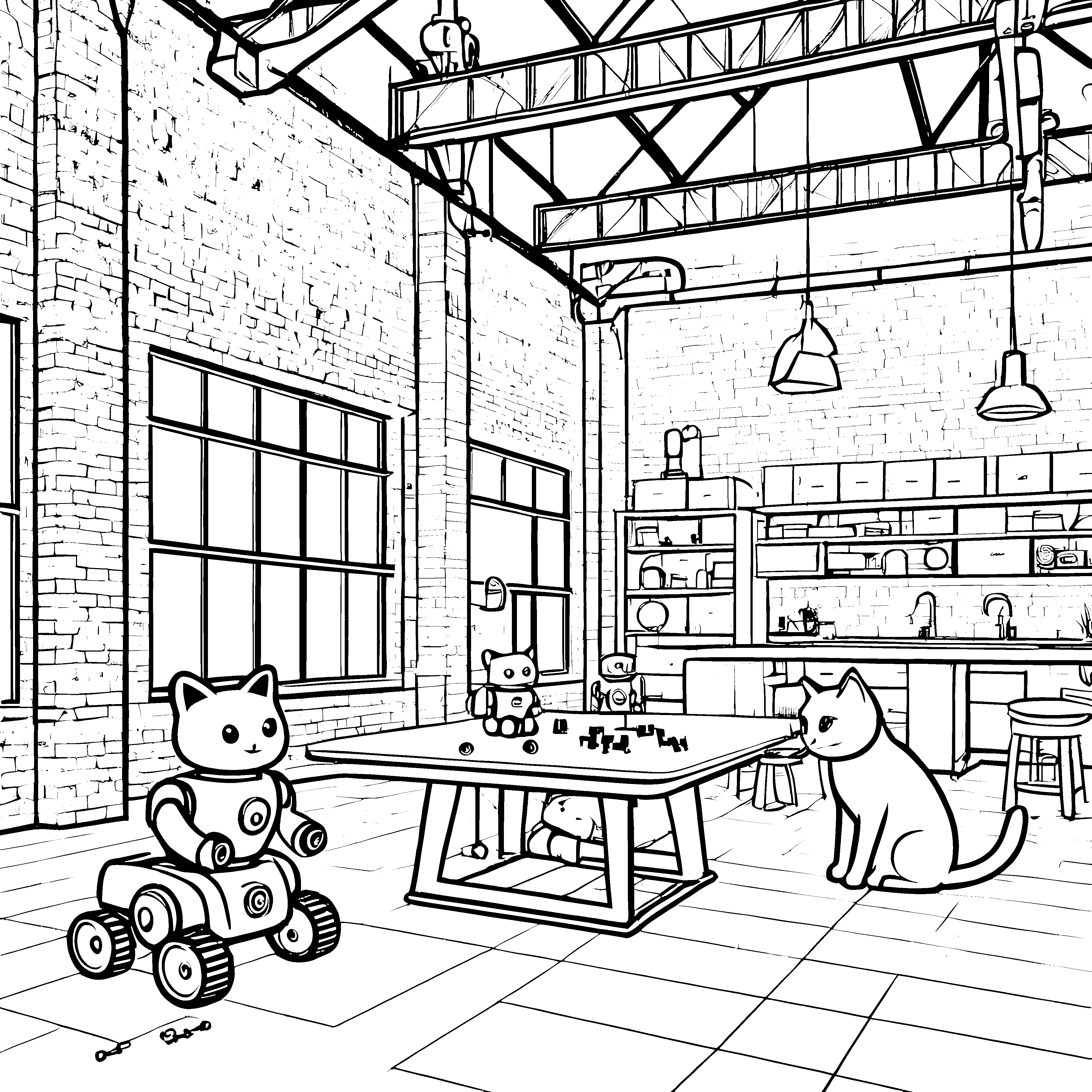 Verspielter Roboter mit neugieriger Katze Ausmalvorlage für kreative Tüftler