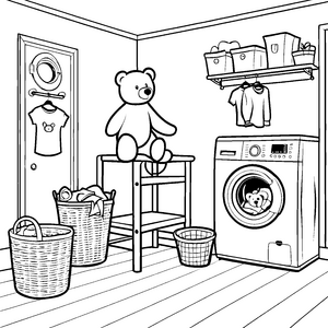 Kreative Waschmaschine mit kuscheligem Bären Ausmalbild für kleine Häuslebauer