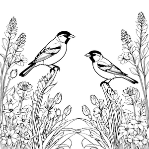 Verspieltes Vogelduo im Blumenfeld Ausmalmotiv für kreative Naturentdecker