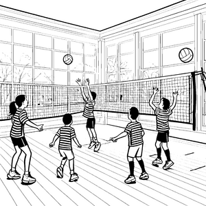 Spritzige Volleyballspieler im Wettkampf Ausmalbild für begeisterte Sportler