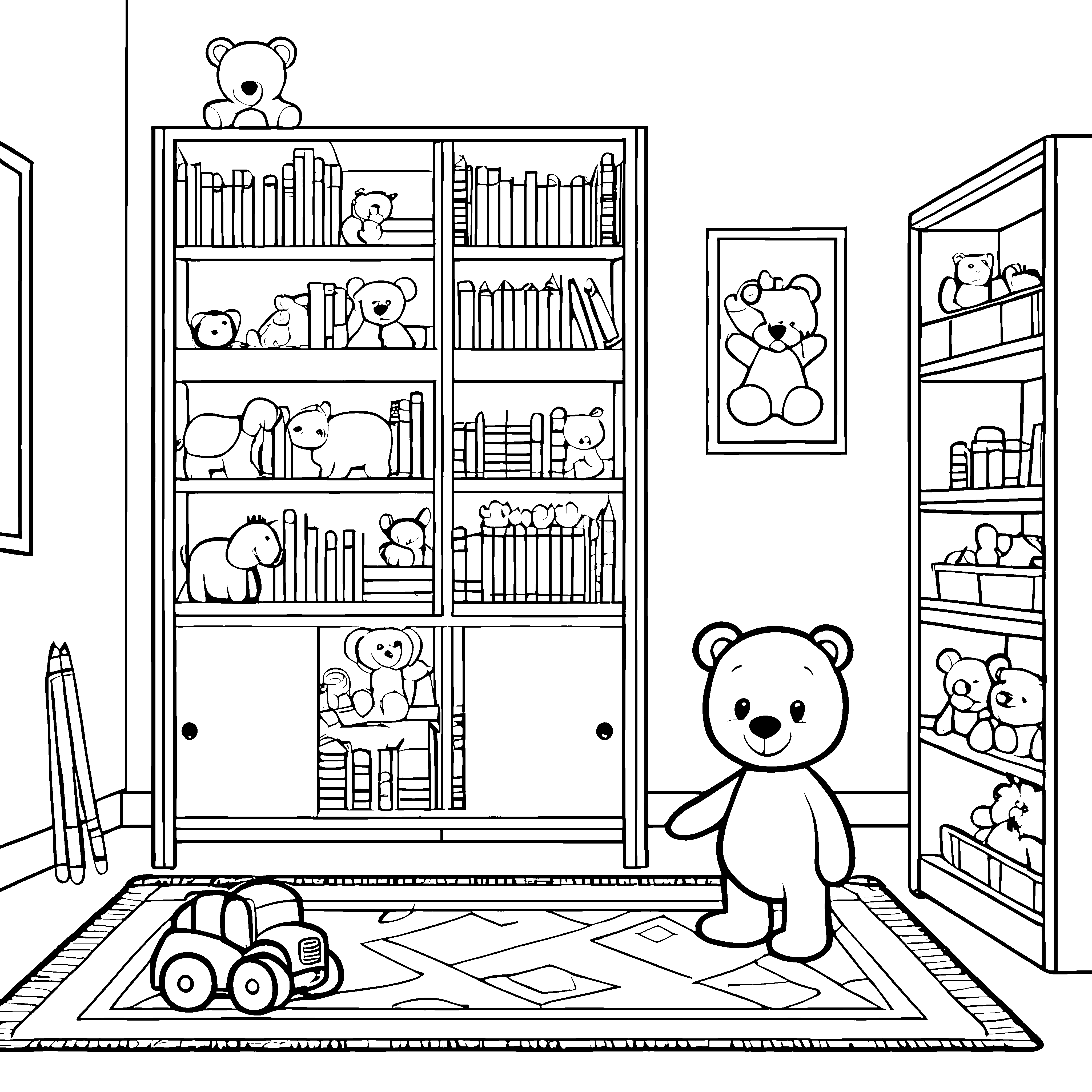 Bärchen mit bunten Spielsachen Ausmalbild für kleine Ordnungskünstler