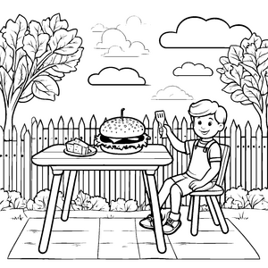 Spaßiger Hamburger-Genuss im Garten Ausmalbild für kleine Feinschmecker
