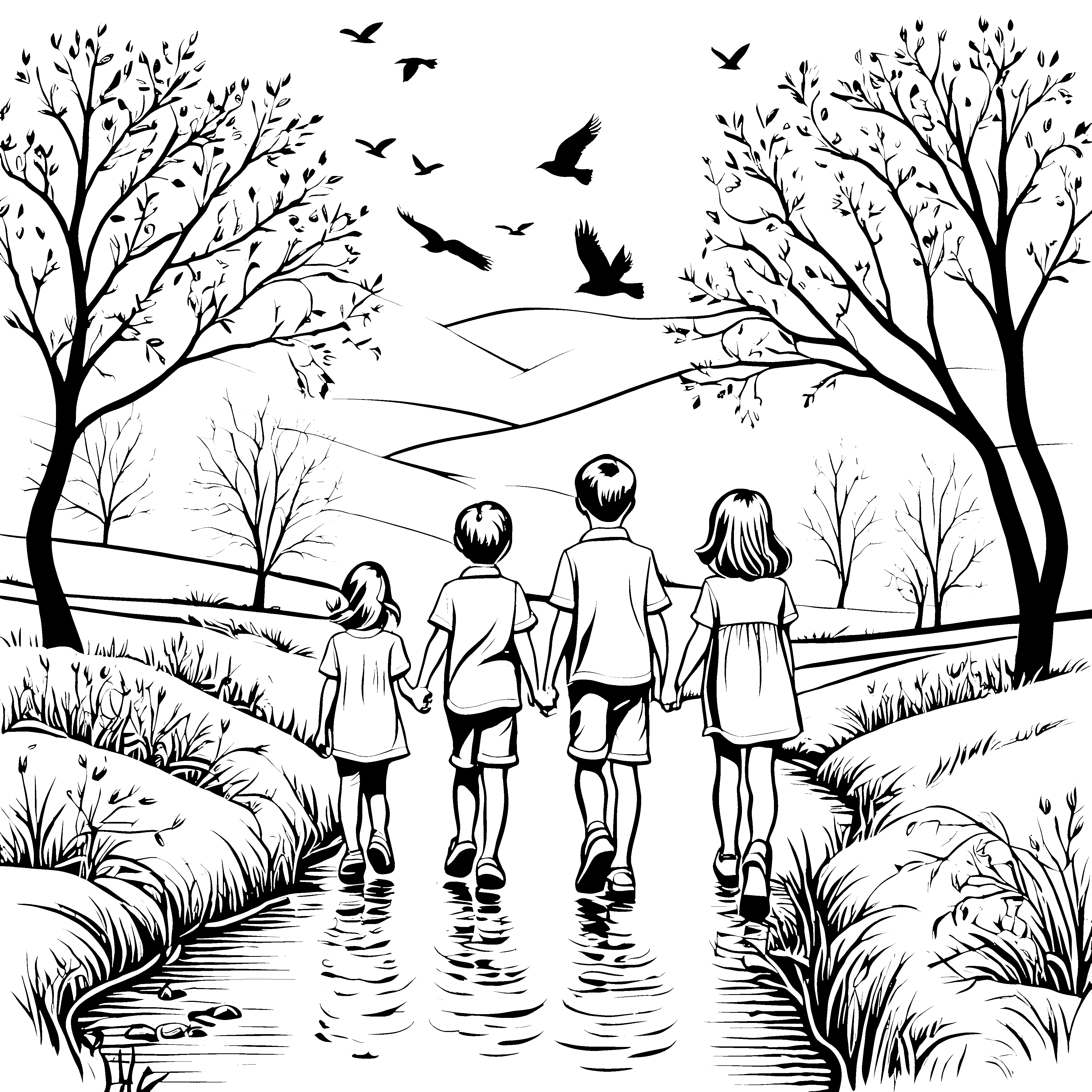 Verspielte Kinder beim fröhlichen Spaziergang Ausmalbild für kleine Entdecker