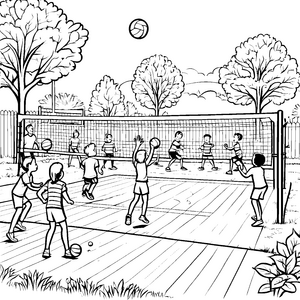Spannendes Volleyballspiel mit Freunden Ausmalbild für aktive Bewegungskünstler