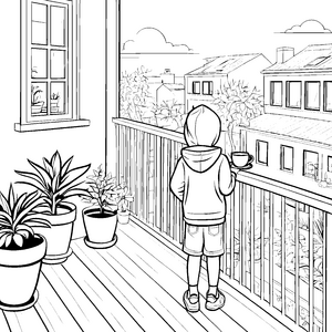 Gemütlicher Balkon mit bunten Pflanzen Ausmalvorlage für kreative Stadtentdecker