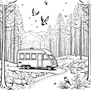 Idyllischer Wohnwagen am malerischen Waldweg Ausmalvorlage für kleine Naturfreunde