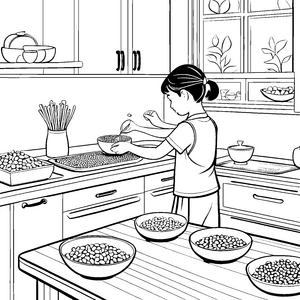 Kreative Edamame-Zubereitung in der Küche Malvorlage für kleine Küchenhelfer