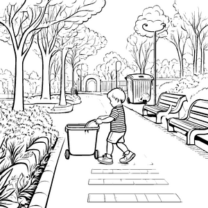 Kreatives Kind mit Mülltonne im Stadtpark Ausmalbild für kleine Umweltschützer