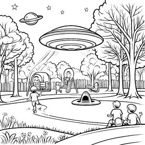 Faszinierendes UFO über dem Spielplatz Ausmalvorlage für neugierige Entdecker