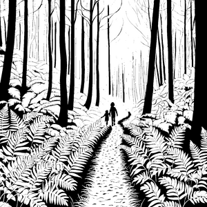 Faszinierender Waldweg mit üppigen Farnen Ausmalmotiv für kleine Naturentdecker