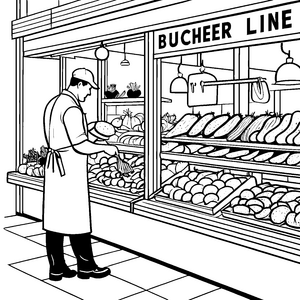Fleischereimeister mit köstlichen Delikatessen Ausmalmotiv für kleine Küchenchefs